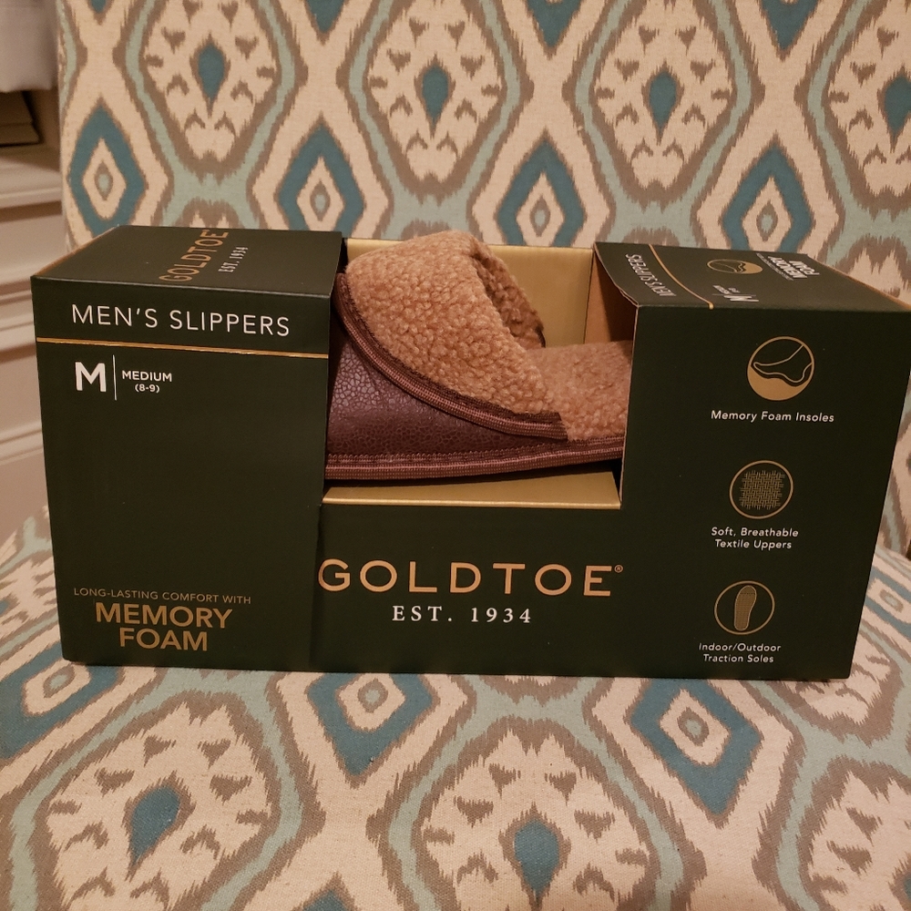 New Mens Slippers Gold Toe Memory Foam Traction Brown